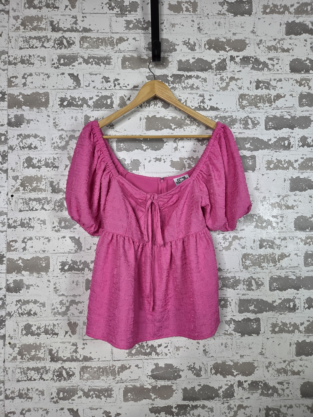 Future Collective Pink Textured Puff Sleeve Tie Front Peplum Blouse Size S